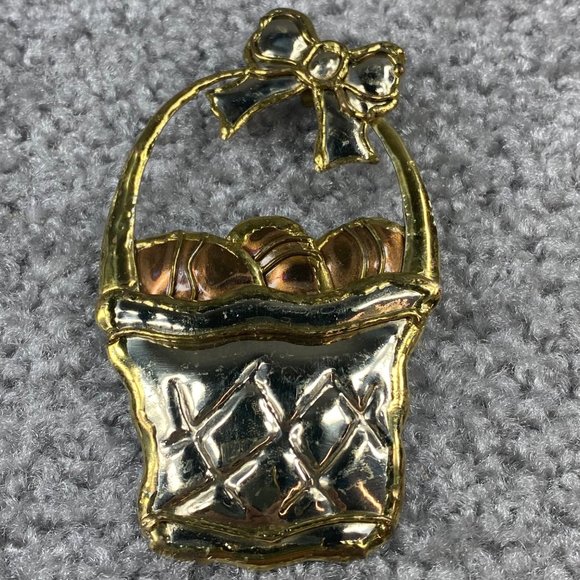 Easter Basket Jewelry Pin Brooch Silver Gold Color Metal Bow Eggs Handle Holiday - Picture 8 of 16